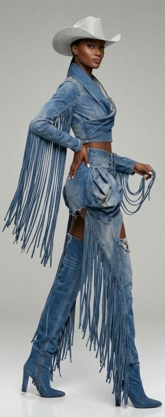 Denim wrap crop jacket and thigh-high denim boots with long fringe