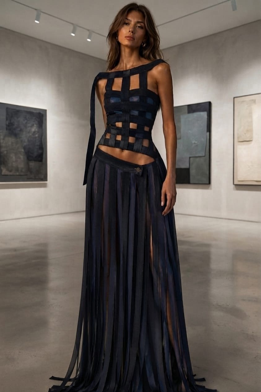 Woven navy strap top with long ribbon-strip maxi skirt